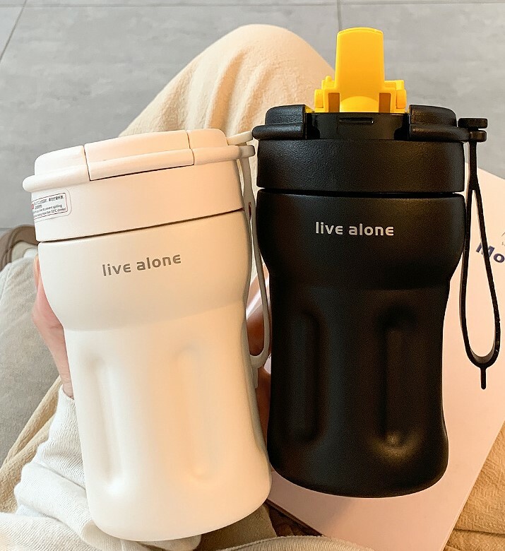《3285》live alone帶吸管不鏽鋼保溫杯400ML