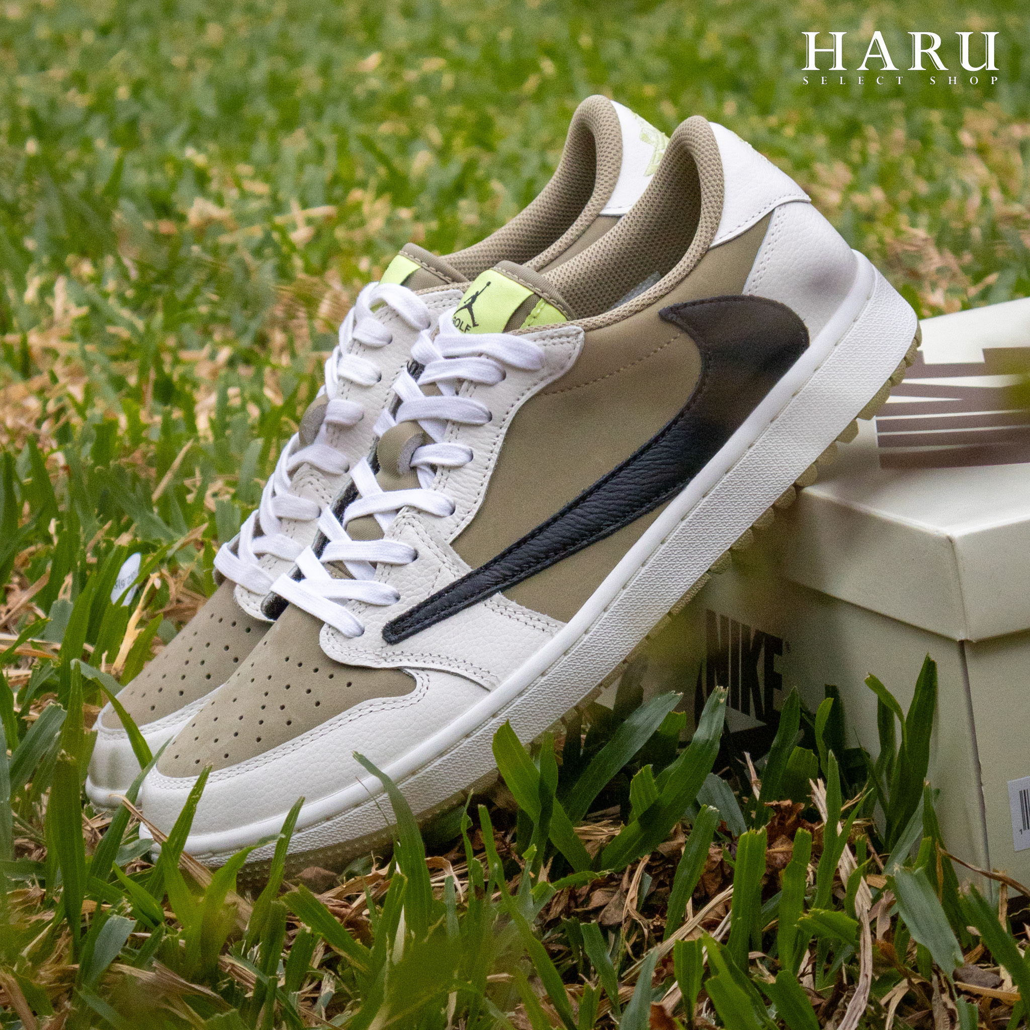 TRAVIS SCOTT x NIKE AIR JORDAN 1 LOW GOLF "NEUTRAL OLIVE"  倒勾 白綠黑 高爾夫 男女休閒鞋 FZ3124-200