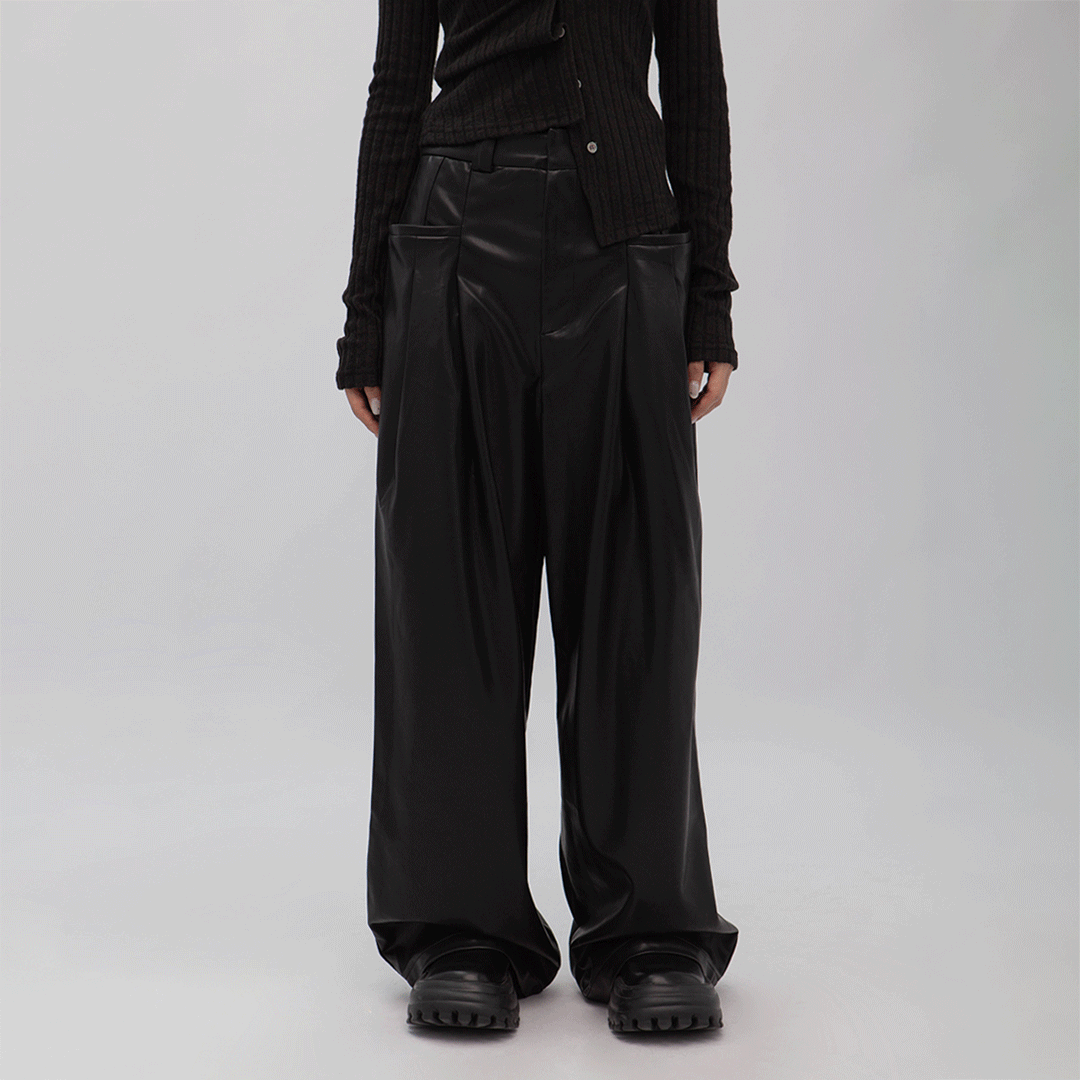 人造皮革高腰寬管褲(-20%)