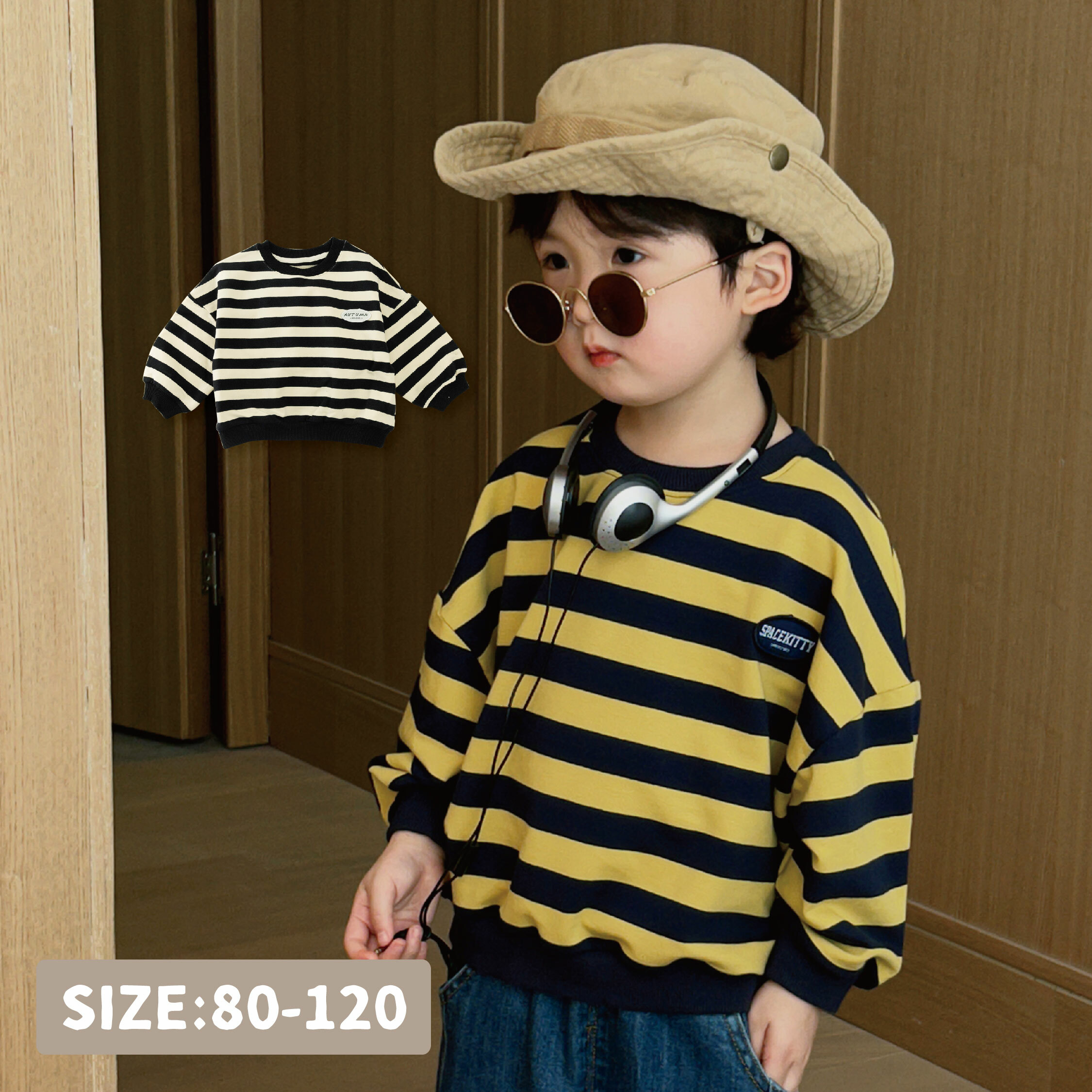 【H35219】撞色條紋字母布標圓領上衣