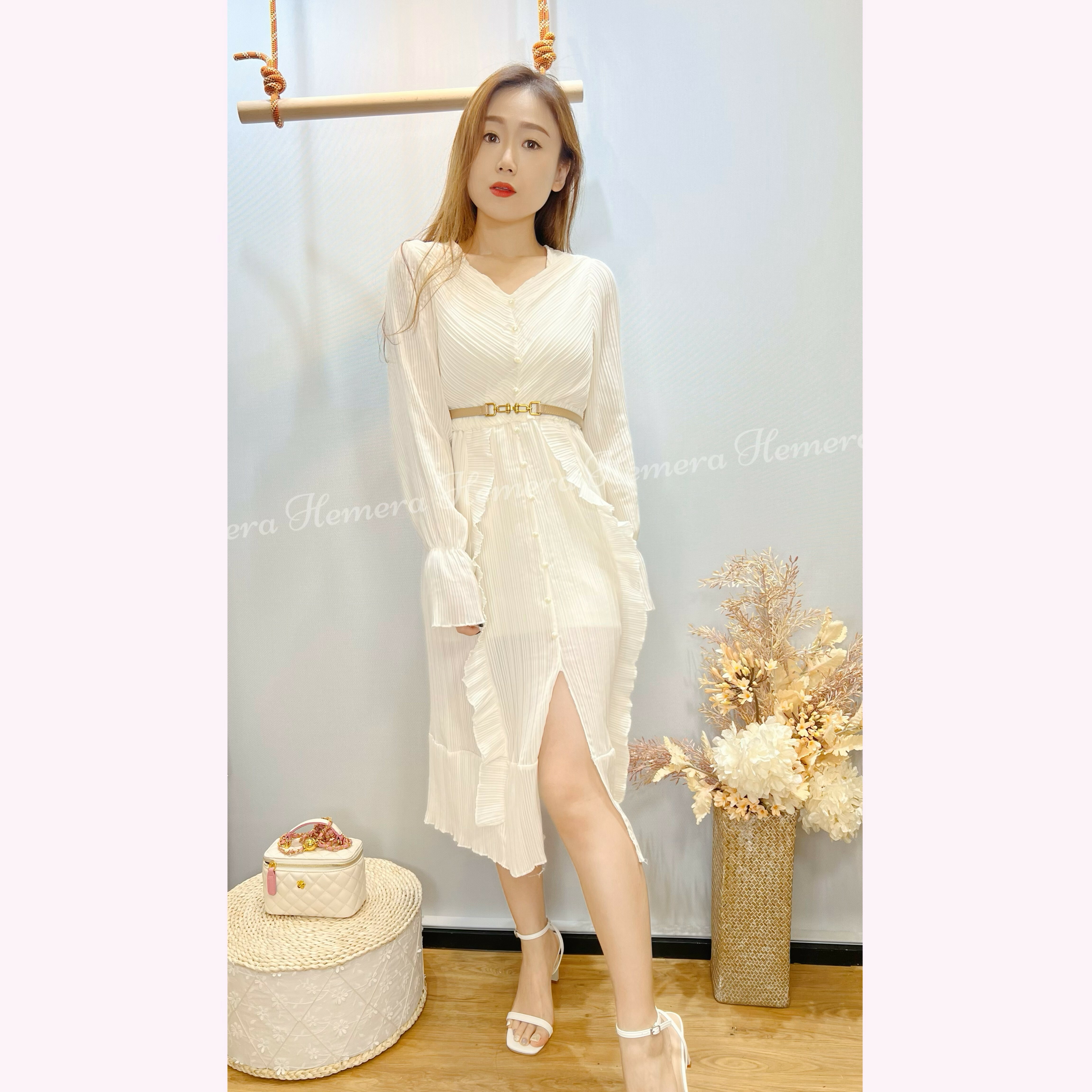 DR23W1115 直坑紋RUFFLES開叉中長裙