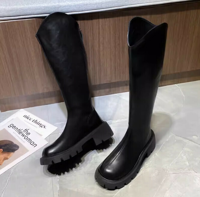 Back zip-up block heel round-toe platform boots