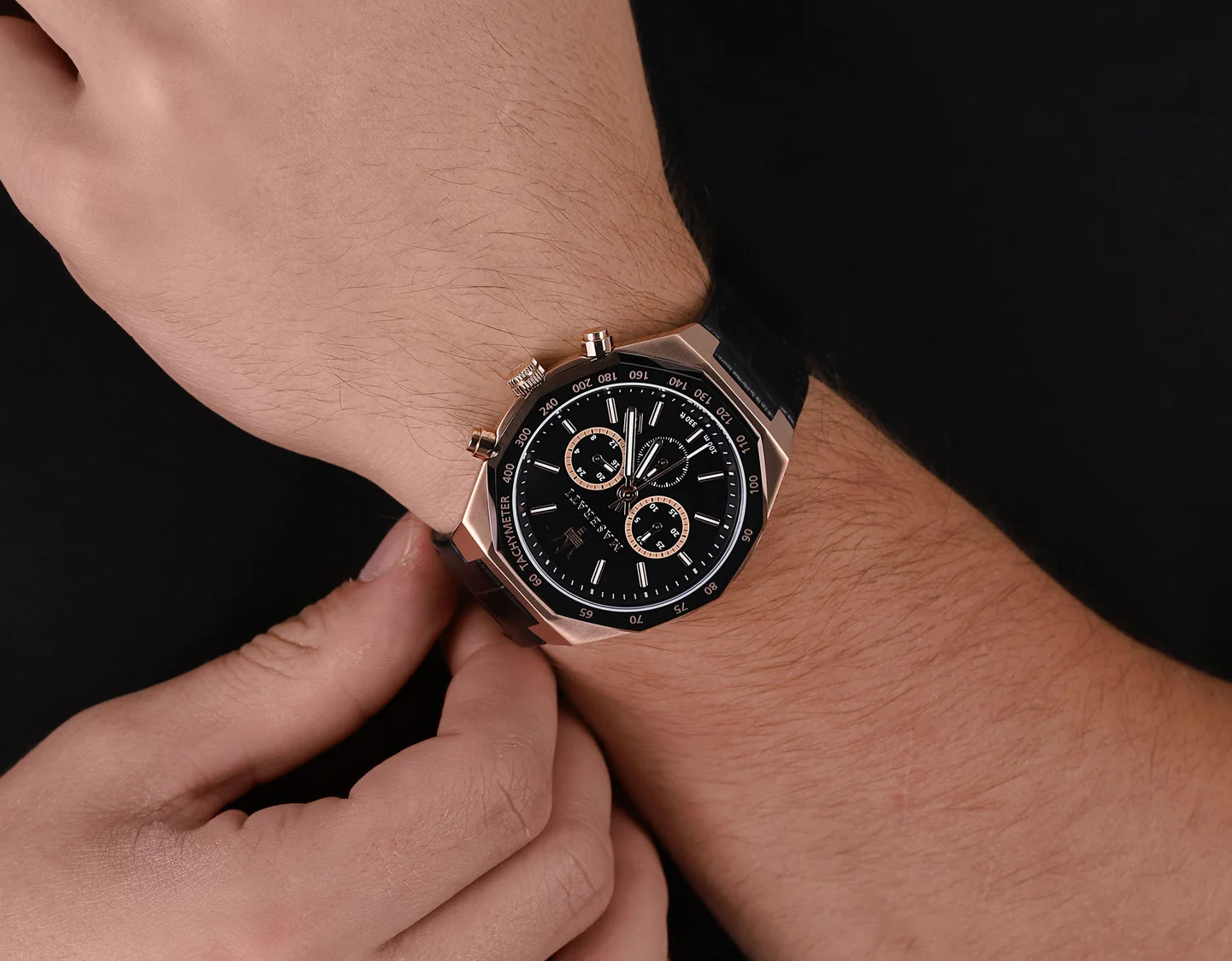 MASERATI 瑪莎拉蒂  Stile 獨我風格系列三眼手錶 霧黑銅 黑色真皮錶帶  R8871642001 錶徑: 45MM