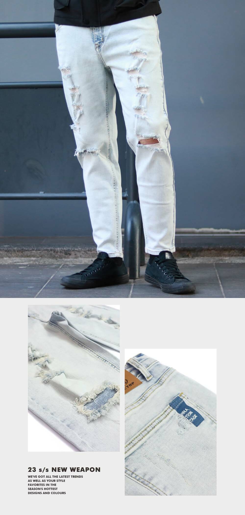 RETOP 牛仔系列 淺刷破壞刺繡窄管牛仔褲 淺藍