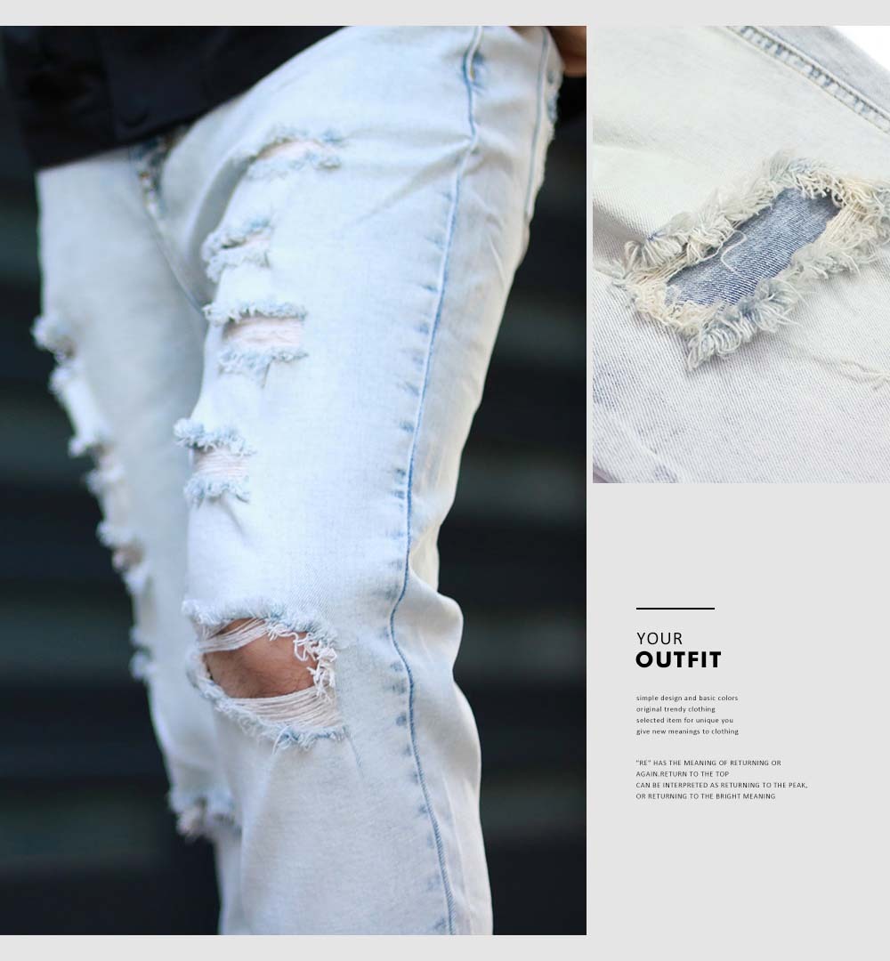 RETOP 牛仔系列 淺刷破壞刺繡窄管牛仔褲 淺藍