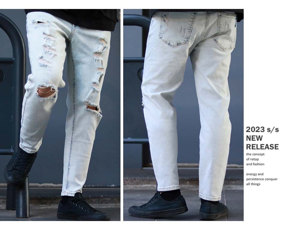 RETOP 牛仔系列 淺刷破壞刺繡窄管牛仔褲 淺藍