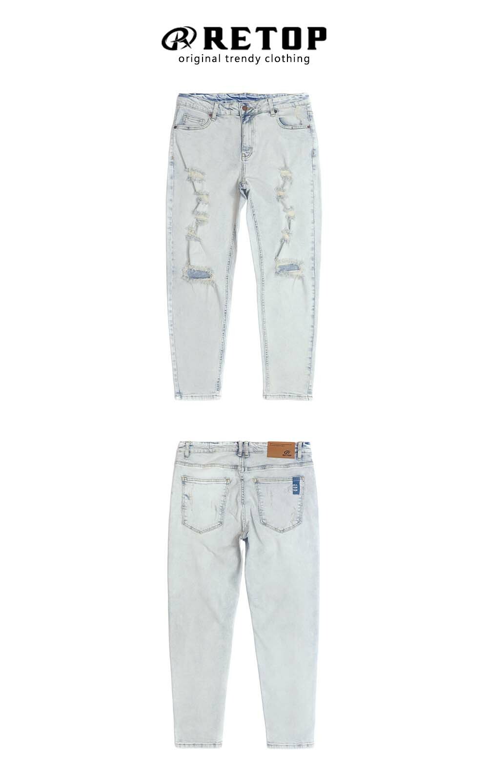 RETOP 牛仔系列 淺刷破壞刺繡窄管牛仔褲 淺藍