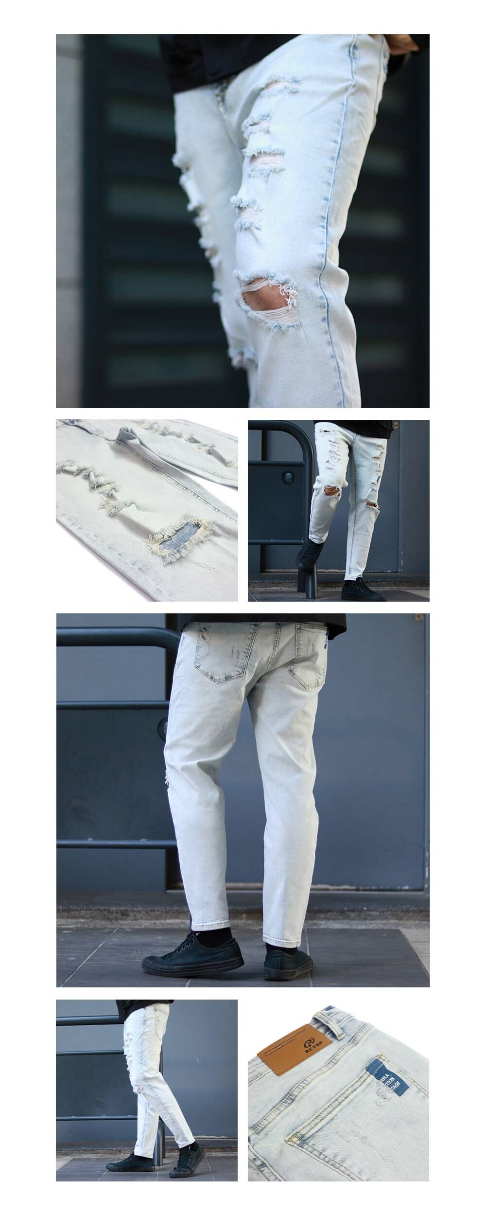 RETOP 牛仔系列 淺刷破壞刺繡窄管牛仔褲 淺藍