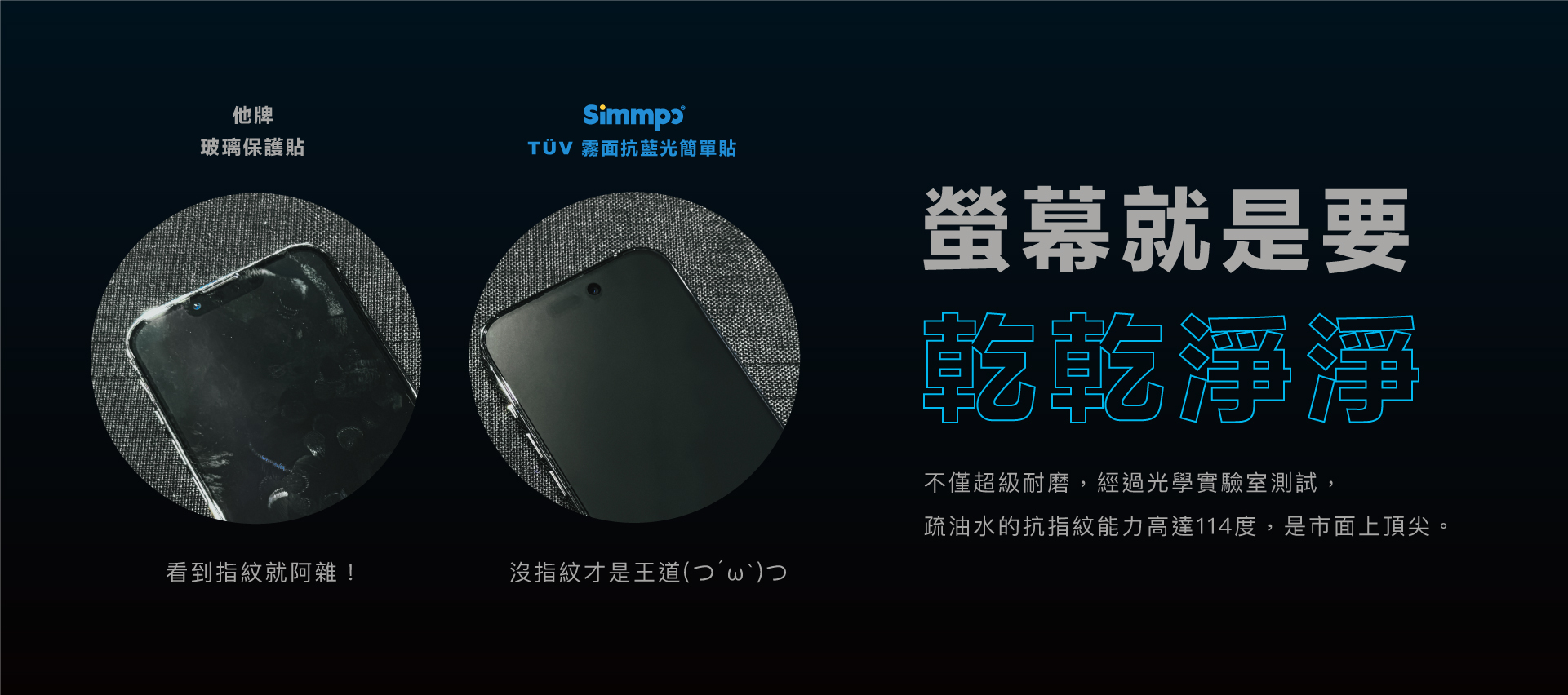 不僅超級耐磨，經過光學實驗室測試， 疏油水的抗指紋能力高達114度，是市面上頂尖。