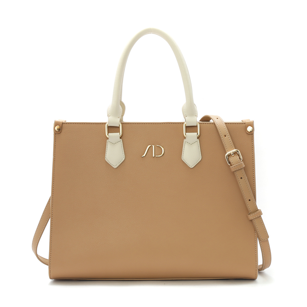 拼接撞色2Way筆電托特包 奶茶