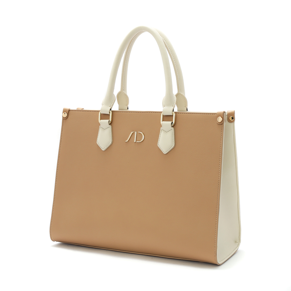 拼接撞色2Way筆電托特包 奶茶