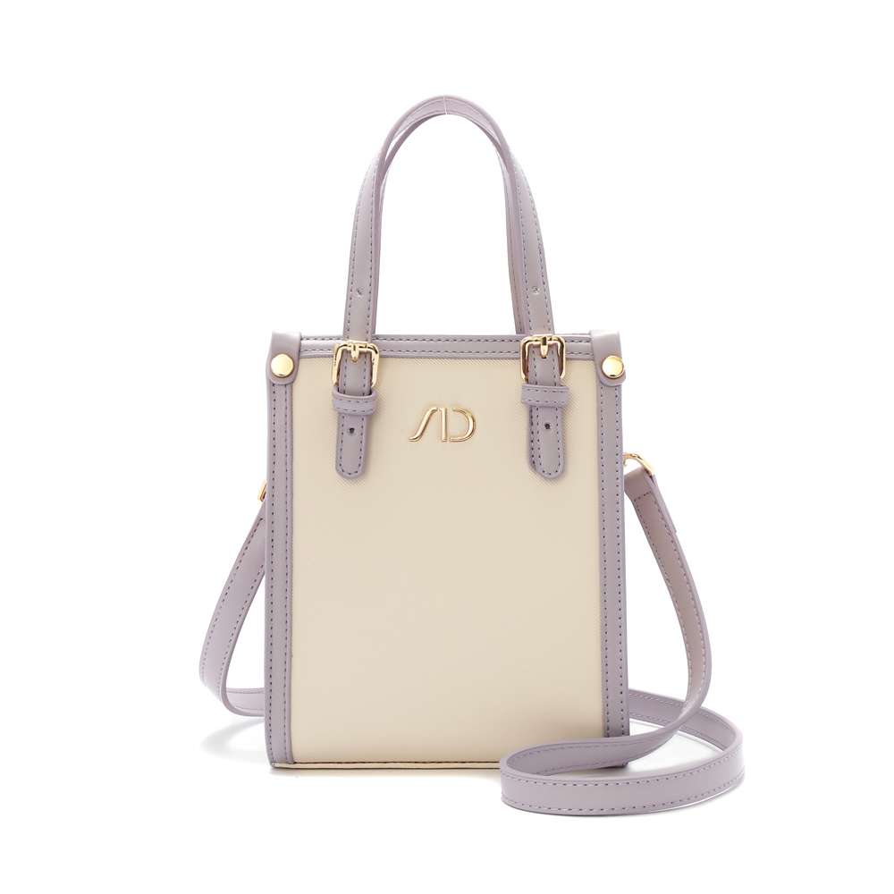 法系滾邊撞色3WAY手提包-小 紫色