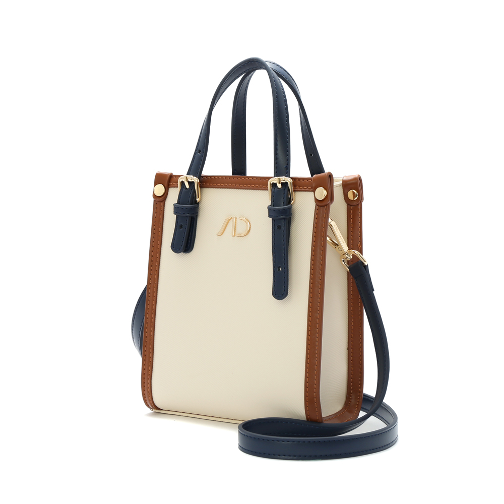 法系滾邊撞色3WAY手提包-小 藍棕