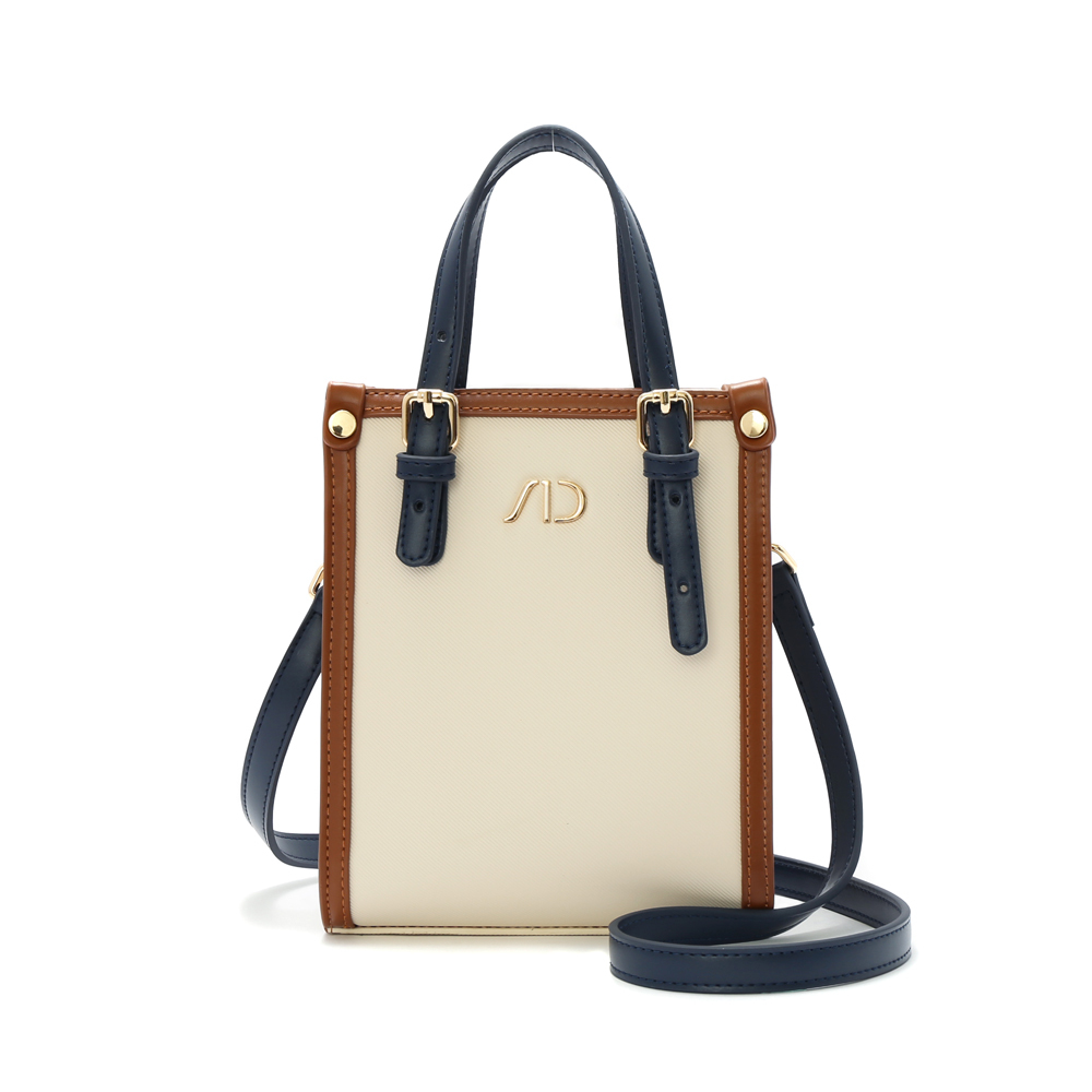 法系滾邊撞色3WAY手提包-小 藍棕