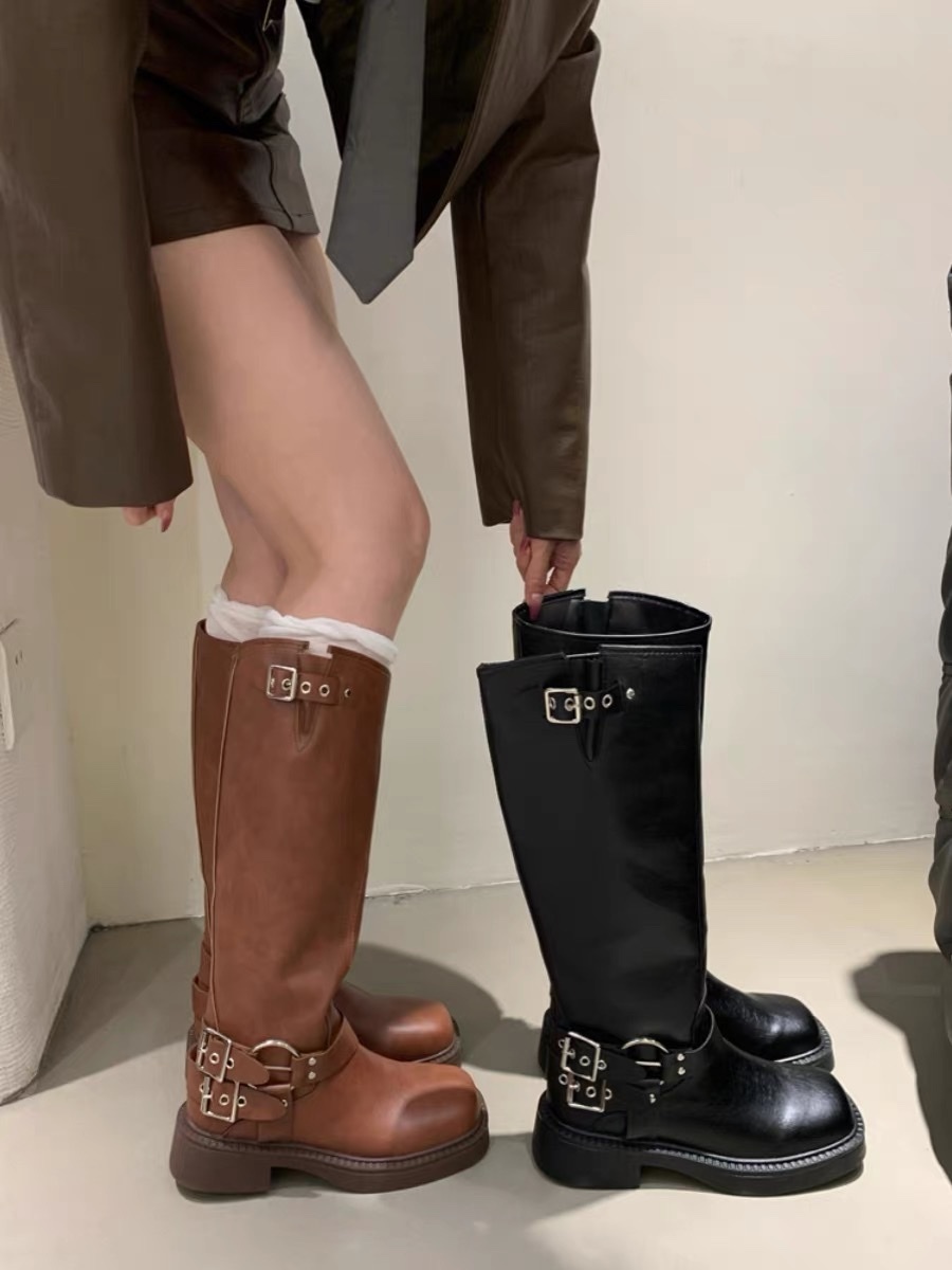金屬扣皮革長靴/二色