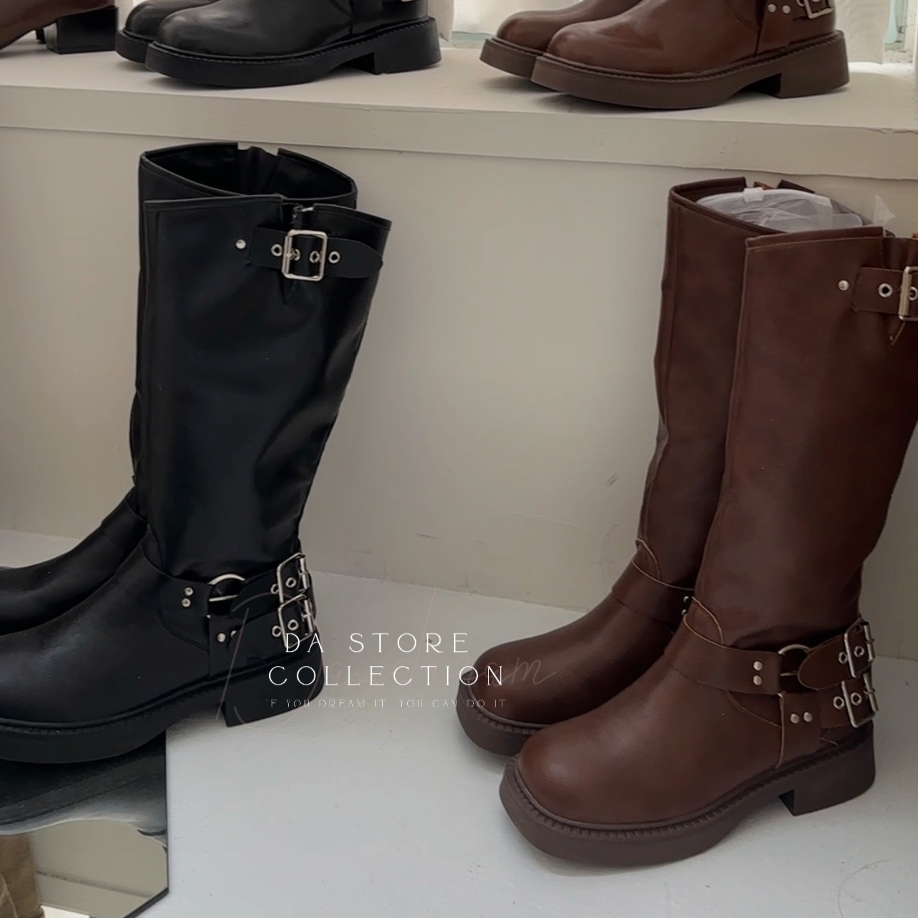 金屬扣皮革長靴/二色