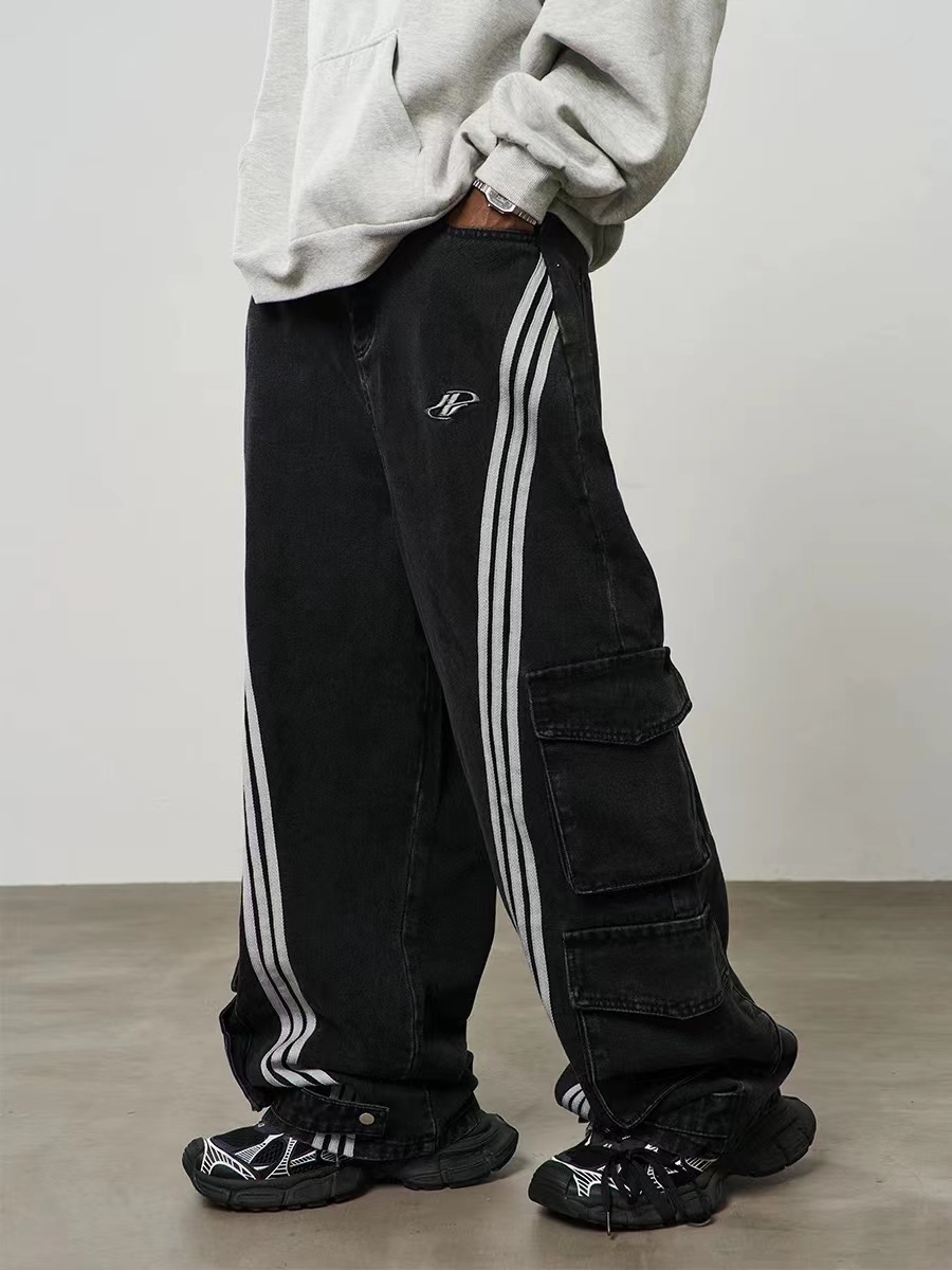 HARSH AND CRUEL 23FW 復古槓條口袋水洗做舊闊腿牛仔褲 HN233140485