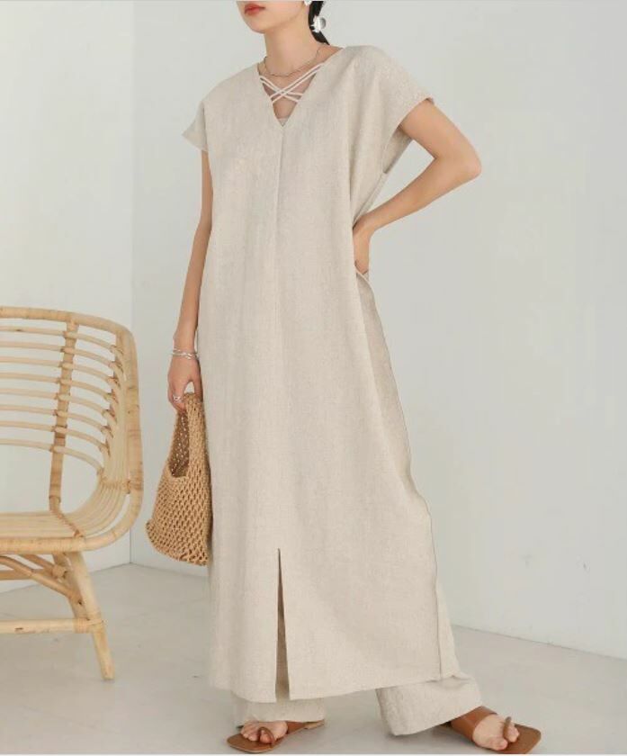 ｛Special Price｝麻質提花前後2 WAY 連身裙【日本直送】