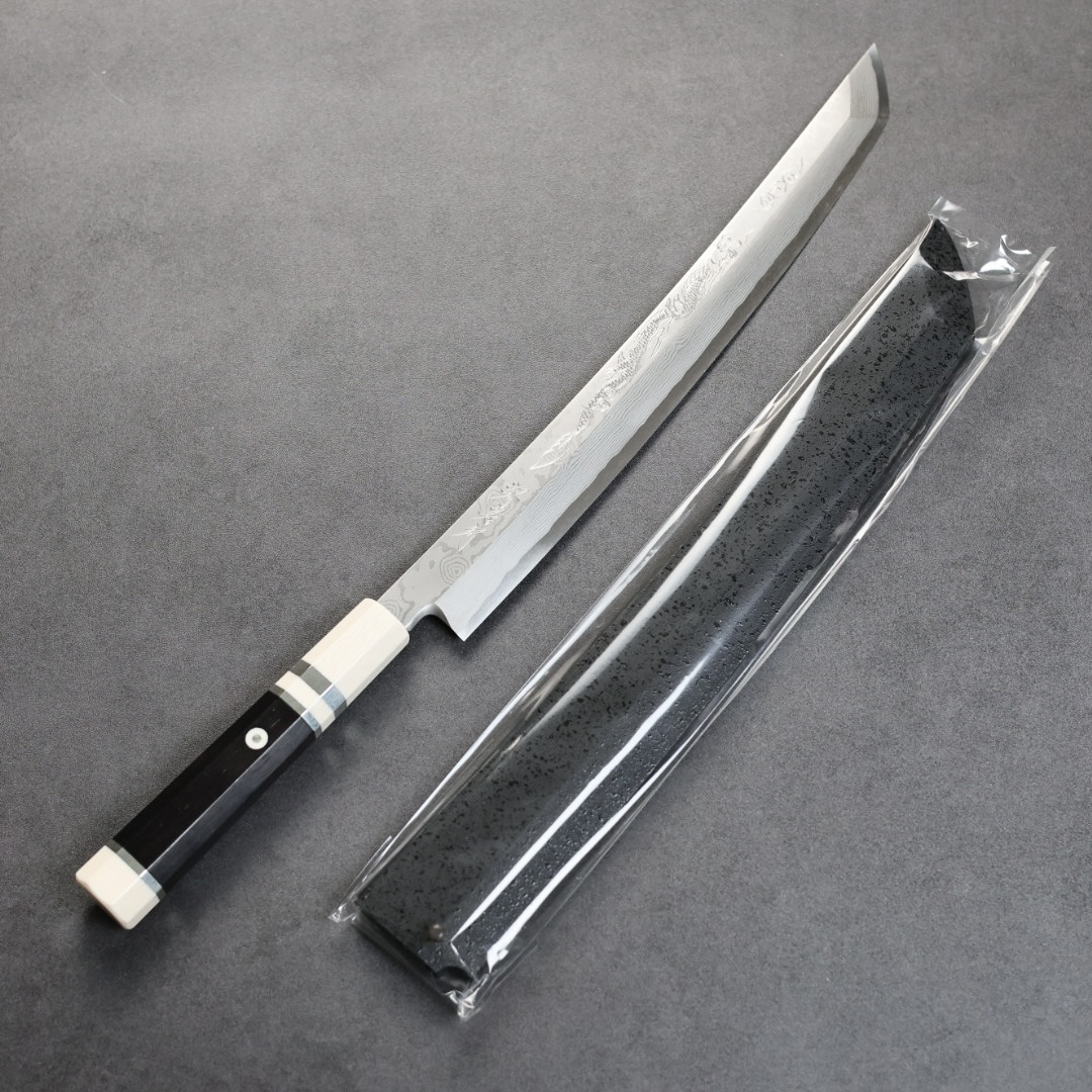 堺孝行斬月曲背先丸柳刃300mm 銀三鋼炎天龍大馬士革/付鞘