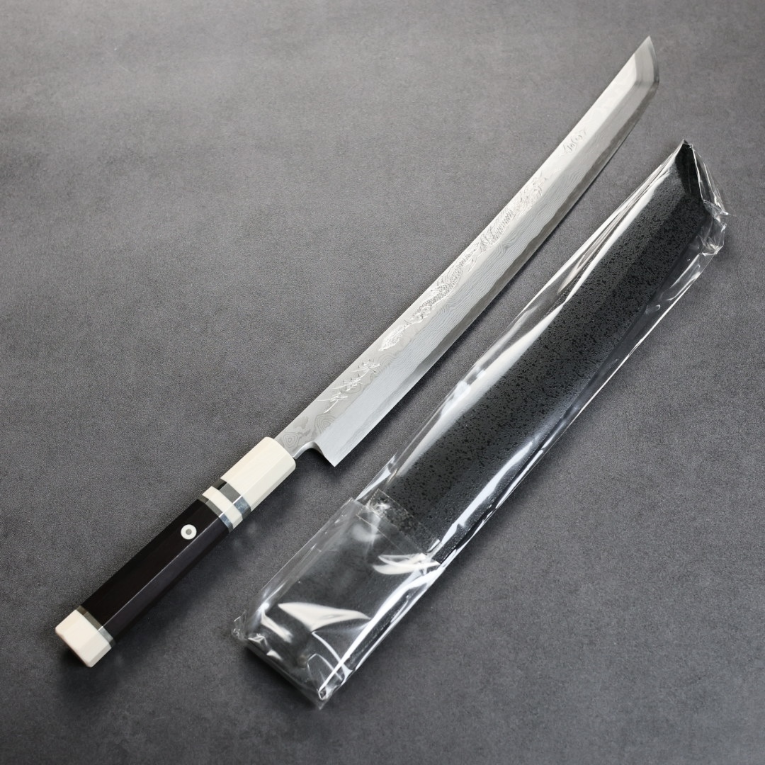 堺孝行　銀三　斬月　先丸蛸引　反り付　和包丁　柳刃包丁　300mm 堺 孝行 斬月 銀三鋼 先丸柳刃包丁 ウェンジ柄 鞘付き – 清助刃物