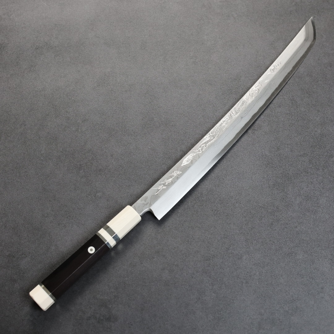 堺孝行 斬月 曲背先丸柳刃 330mm 銀三鋼 炎天龍 大馬士革/付鞘