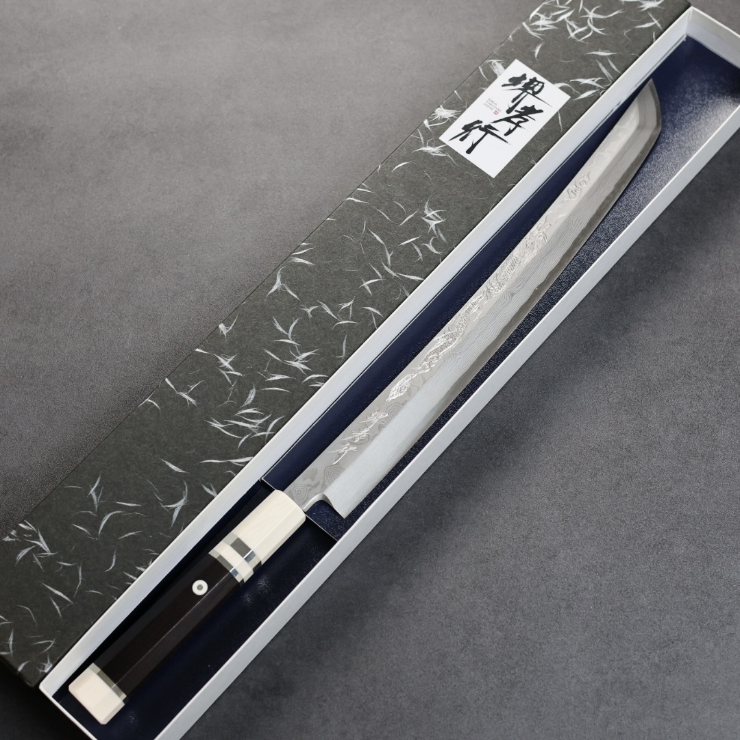 堺孝行 斬月 曲背先丸柳刃 330mm 銀三鋼 炎天龍 大馬士革/付鞘