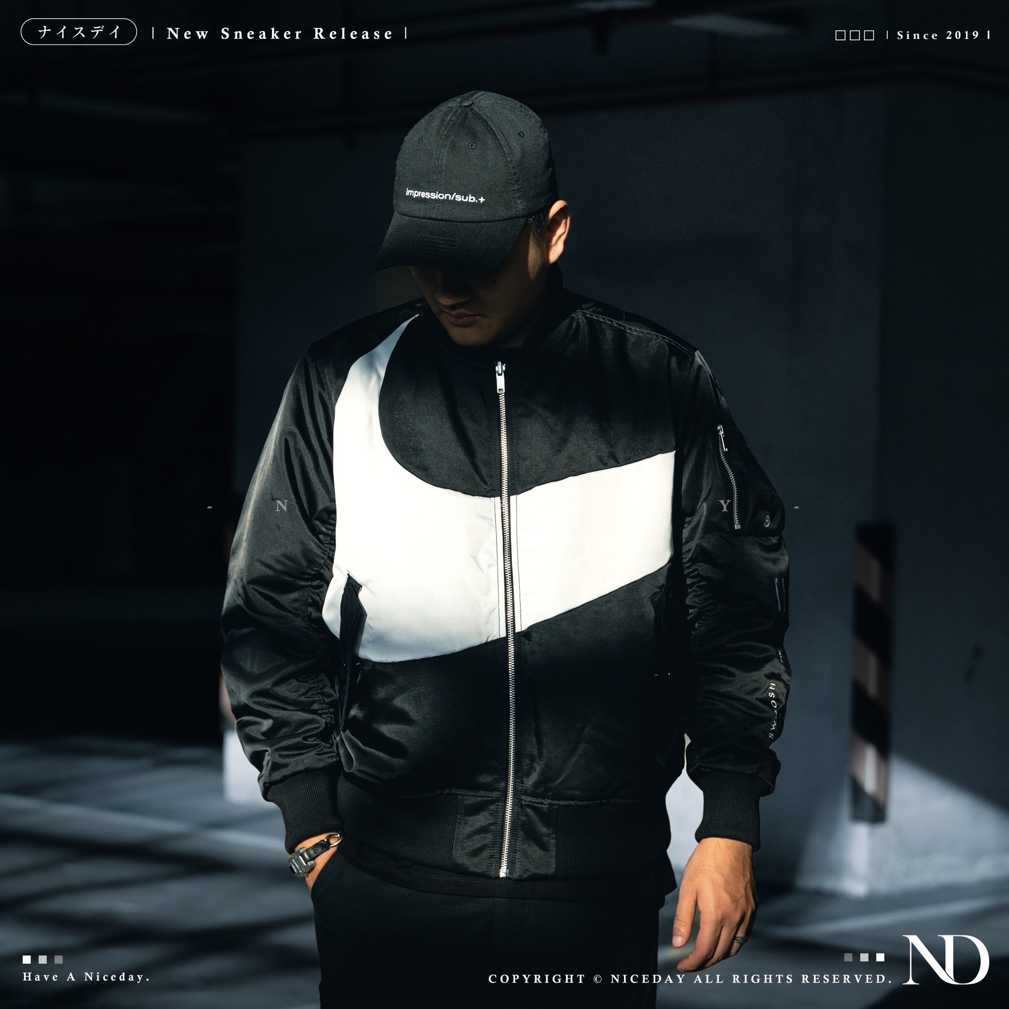 NICEDAY 服飾 代購 Nike Swoosh Jacket 外套 斷勾標語 飛行外套 防風 雙面穿 黑色 DD6056-010