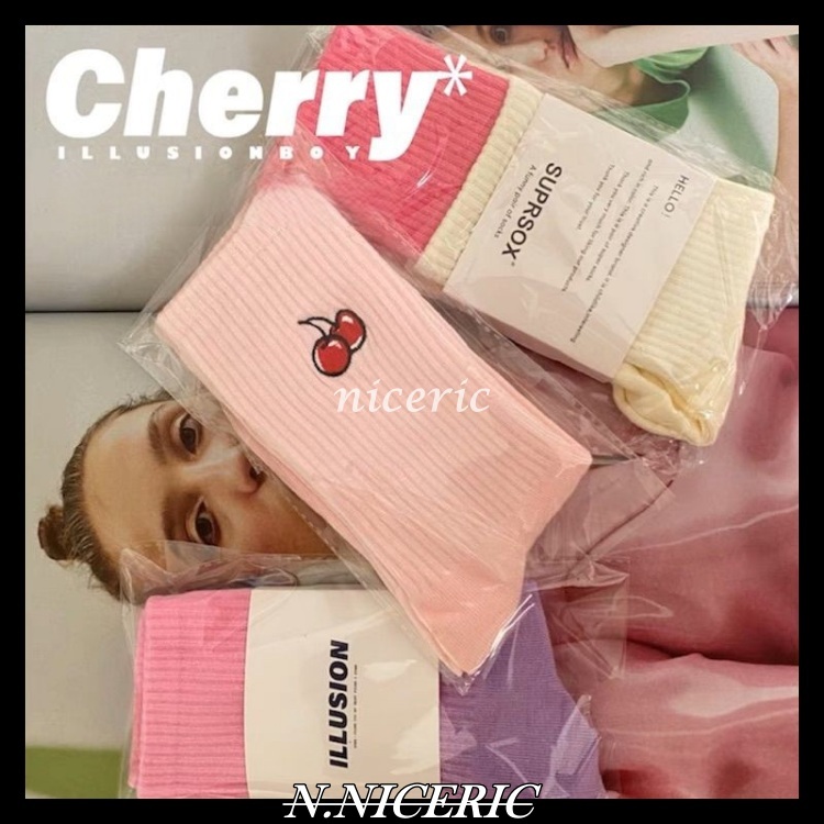 ILLUSION BOY 櫻桃刺繡 中筒襪 四季款 個性可愛趣味運動 休閒棉襪