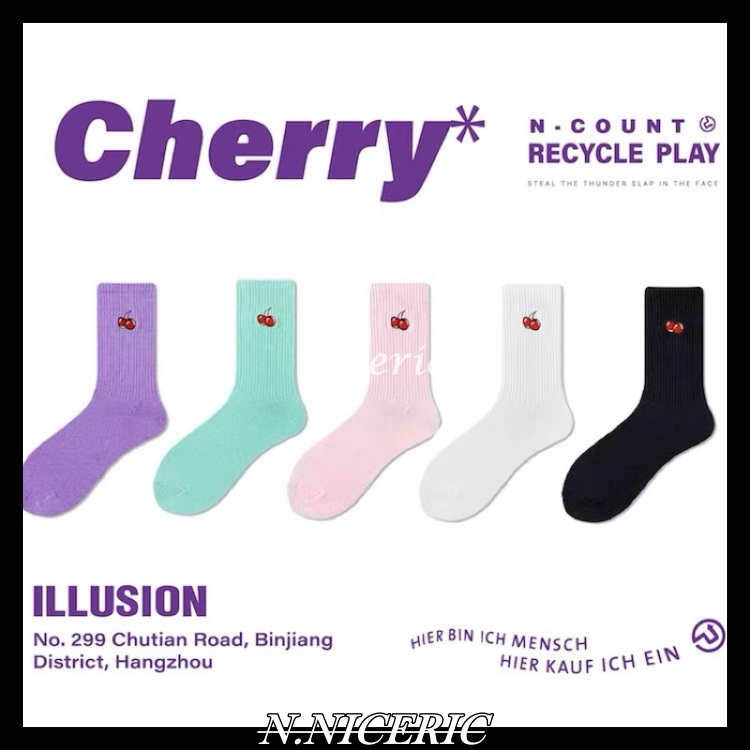 ILLUSION BOY 櫻桃刺繡 中筒襪 四季款 個性可愛趣味運動 休閒棉襪