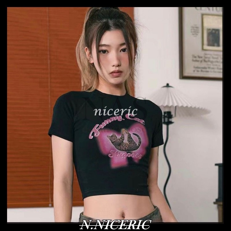 【NICE歐美日韓代購】韓國代購🇰🇷 酷辣妹搞怪猫咪系列 修身短版上衣 街頭短袖 可愛貓咪T恤