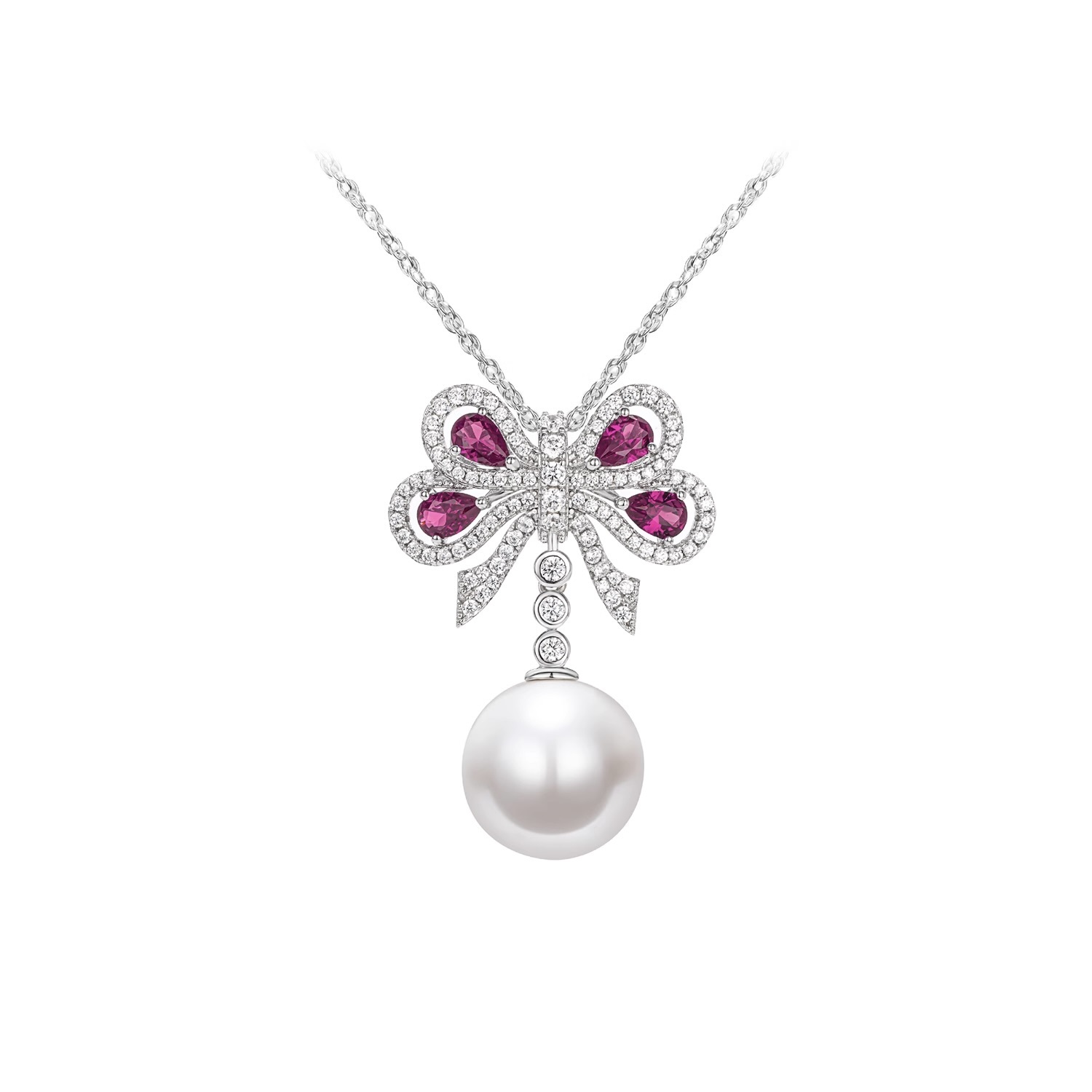 鴿血红蝴蝶结仿珍珠吊墜項鍊  925銀項鍊