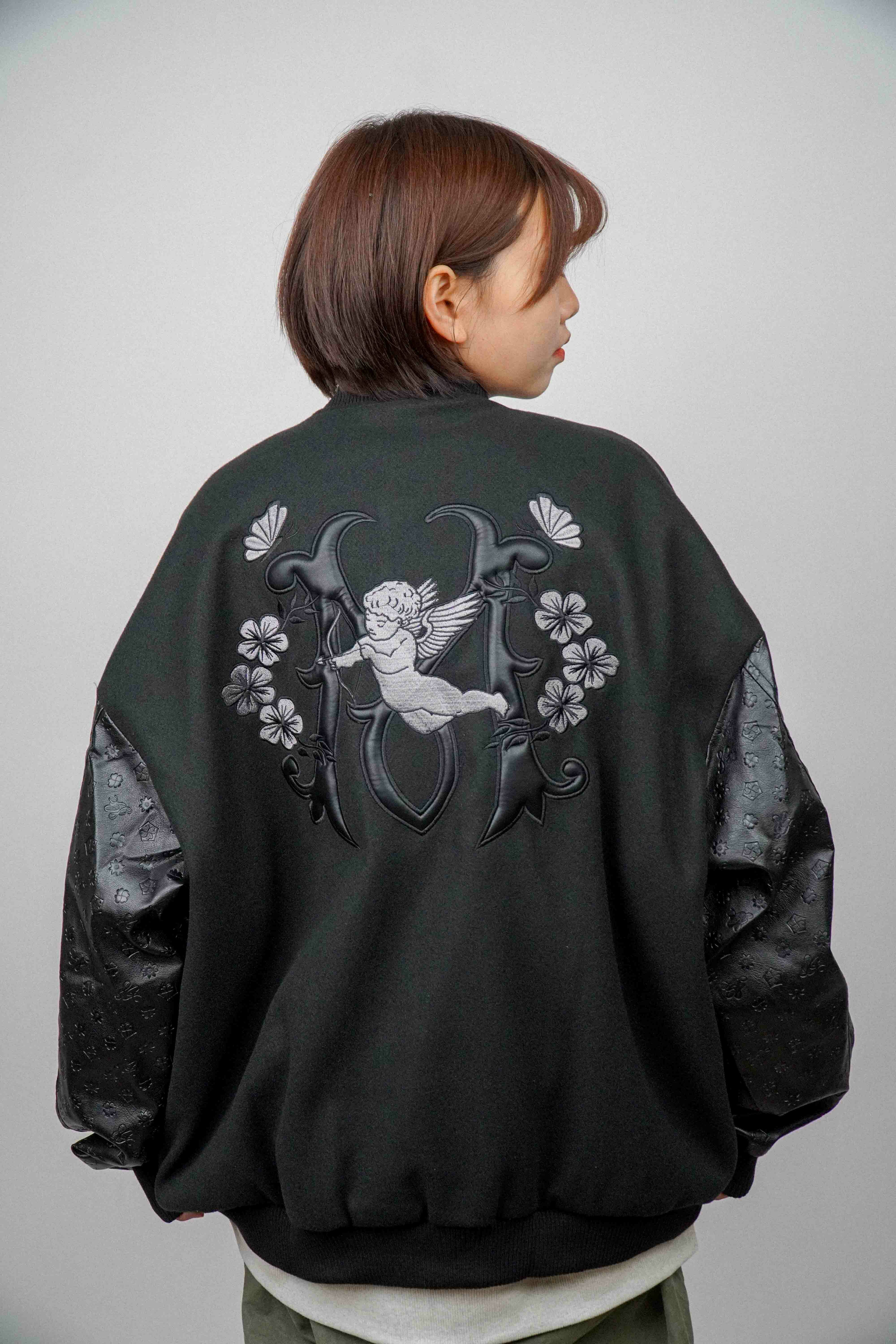 『Always_Good』小天使 刺繡 拼接 皮革 壓紋 棒球外套