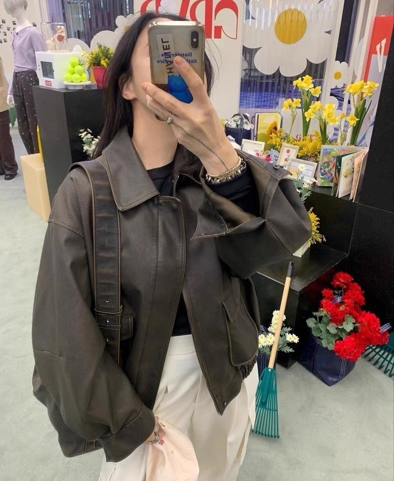 ᴷᴼᴿᴱᴬ 🇰🇷Grove秋款復古風夾克舊皮大衣（兩色）