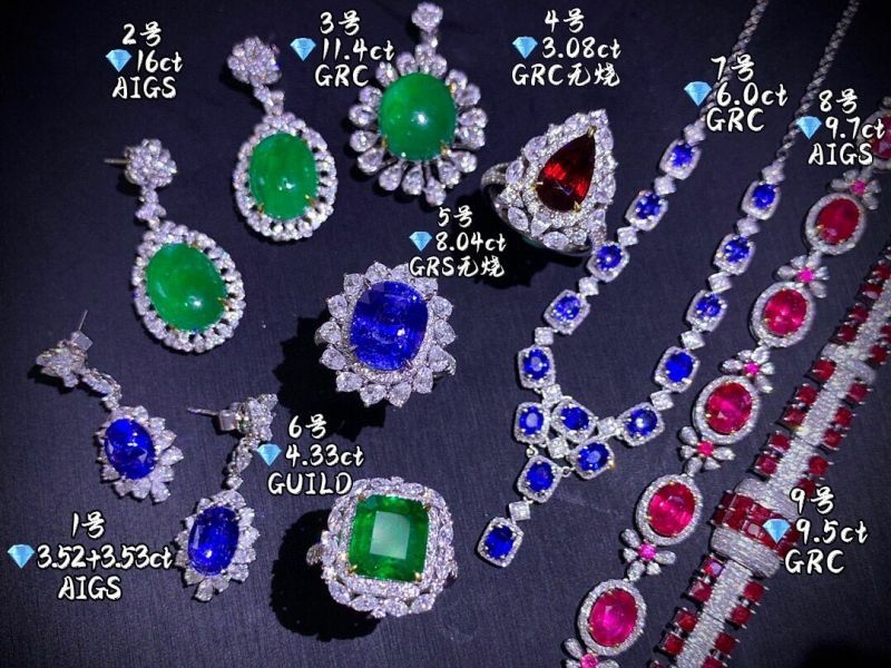 18k 金鑲嵌天然紅寶石/藍寶石/祖母綠(戒指/耳釘/項鍊/手鏈)