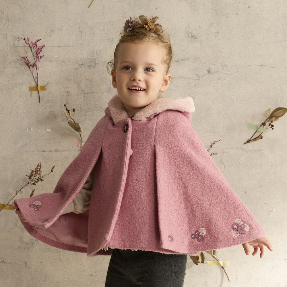 PIPPY 俏麗小花刺繡羊毛連帽斗篷 粉