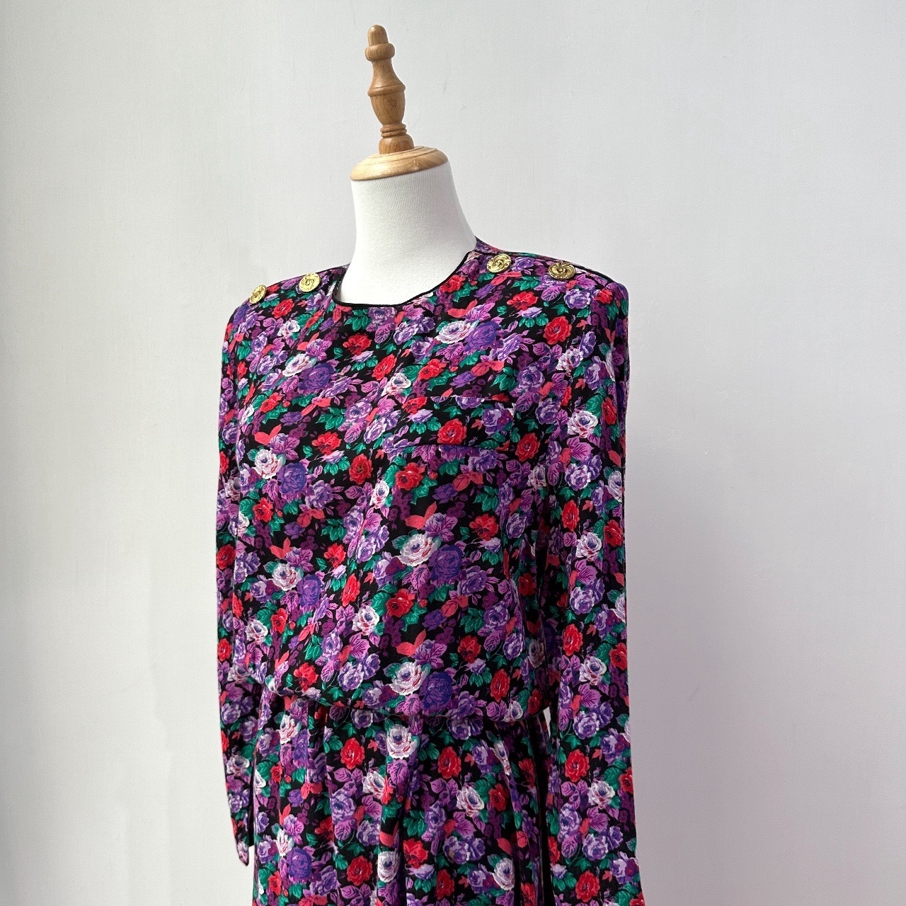 美國製 Leslie Fay Vintage 黑夜紫花盛開連身裙