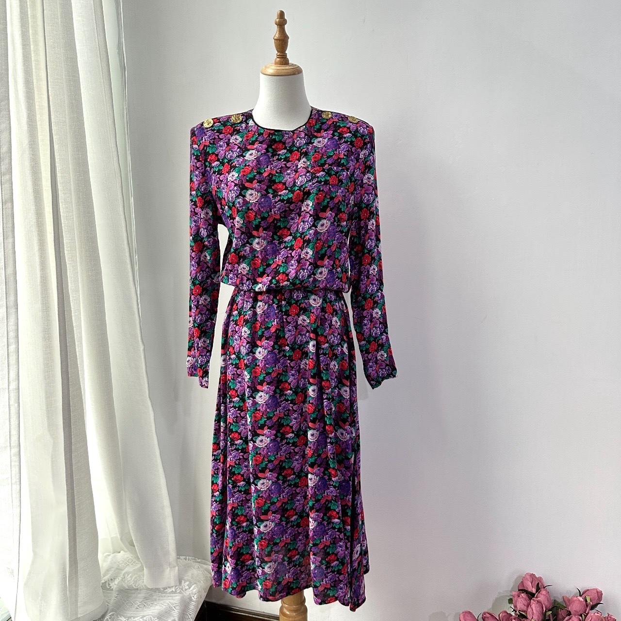 美國製 Leslie Fay Vintage 黑夜紫花盛開連身裙