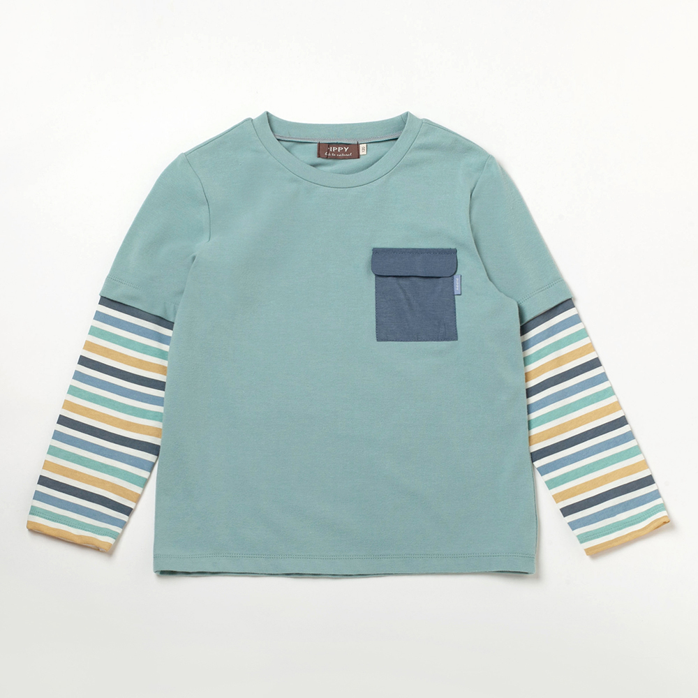 PIPPY橫條假兩件彈性棉長袖T恤上衣 綠