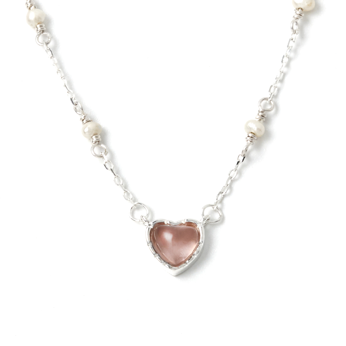 純銀,愛心,粉水晶,珍珠,鎖骨鍊,項鍊