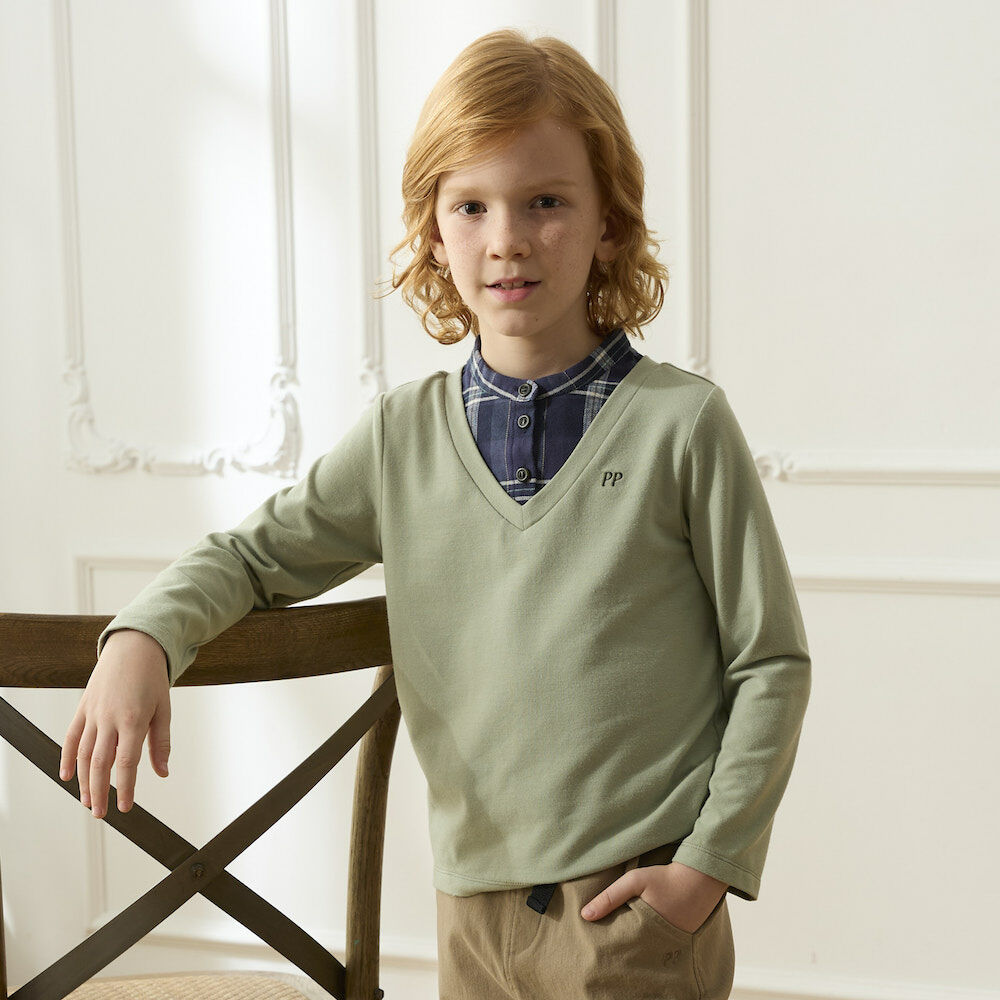 PIPPY假兩件小立領長袖上衣 灰綠