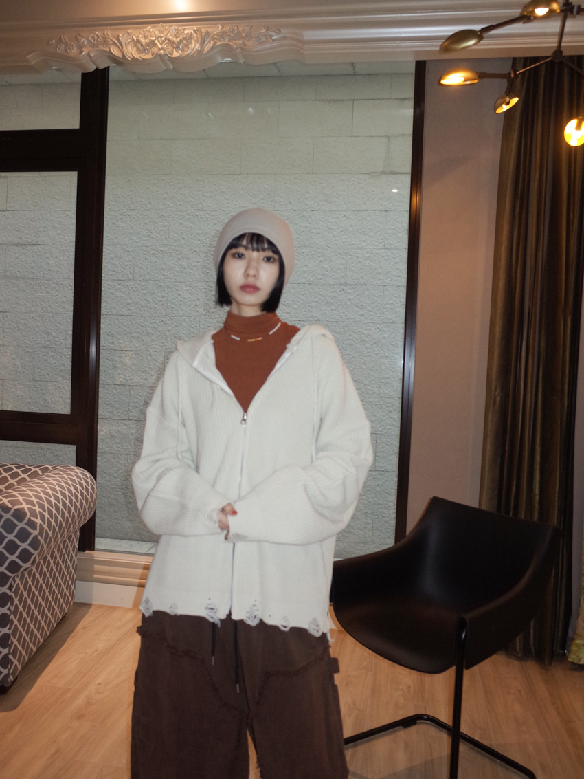 (UNISEX) Finnick double-zip hooded ripped knit jacket