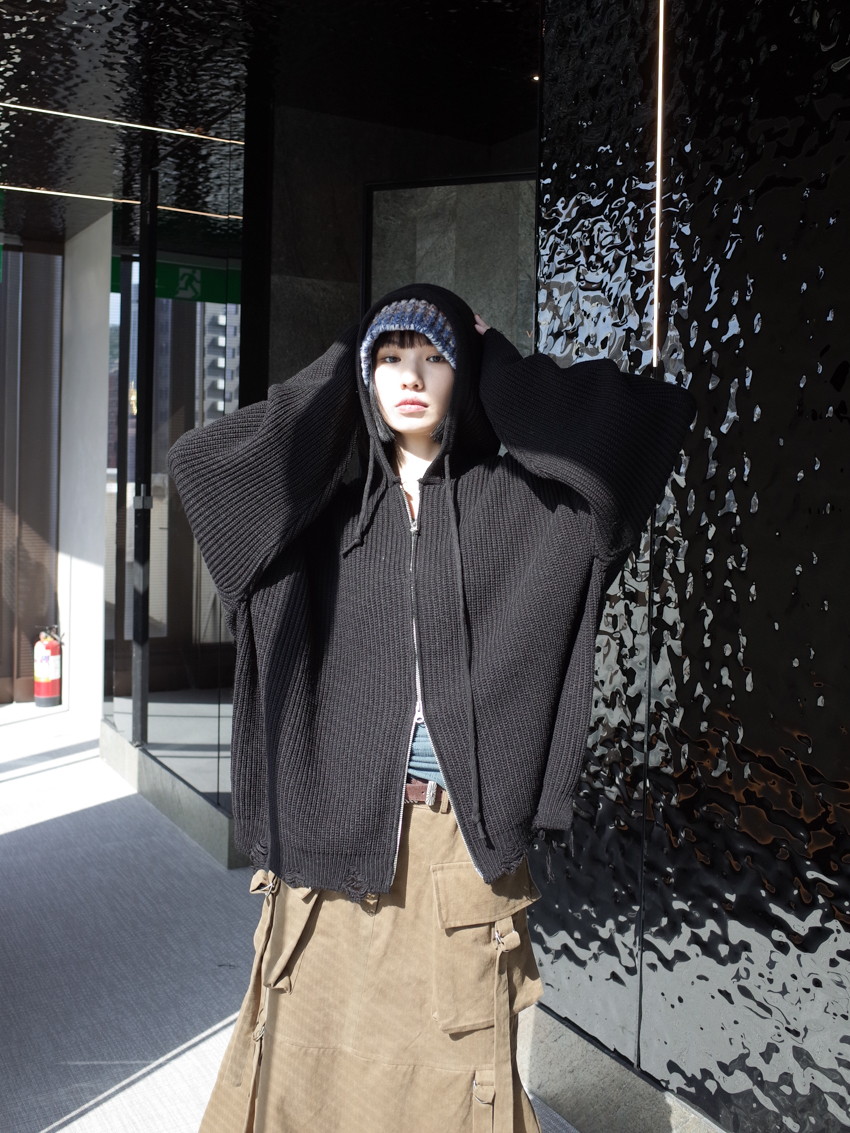 (UNISEX) Finnick double-zip hooded ripped knit jacket
