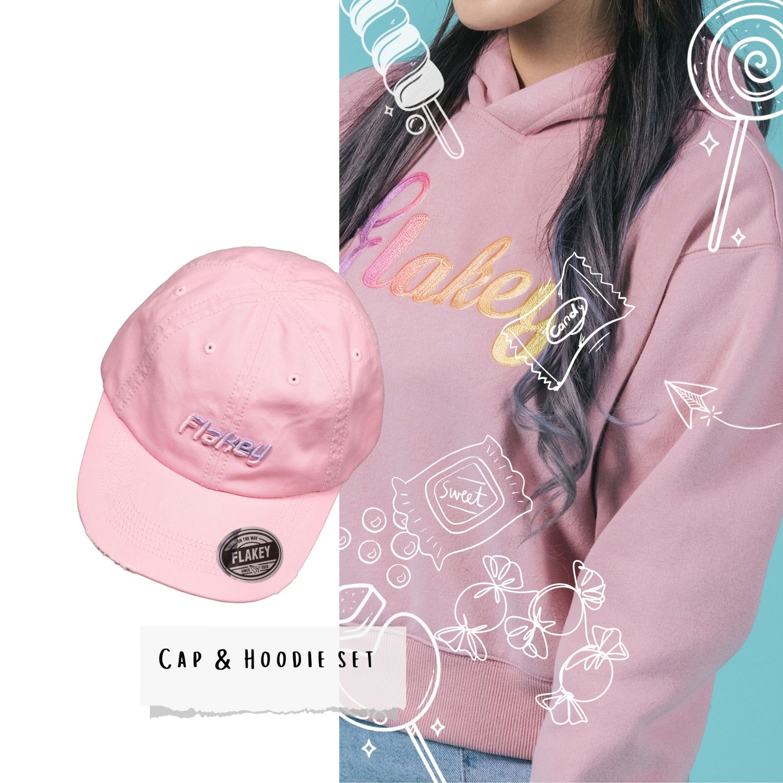Candy Carnival 女裝連帽短版衞衣 (豆沙粉紅) + Flakey Logo Cap (粉紅)