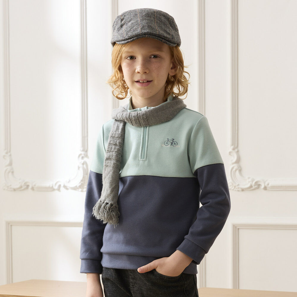 PIPPY兩色剪接小立領棉質長袖上衣 藍