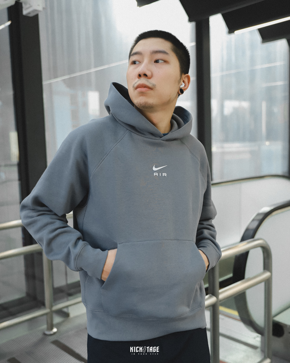 男女款 NIKE AIR BB FLC HOODIE 灰藍 黑色 小標 印花 內刷毛 落肩 帽T【FB7208】