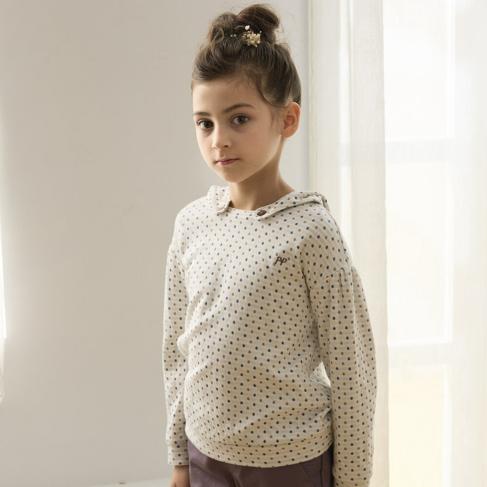 PIPPY純棉可拆式連帽點點長袖上衣 米