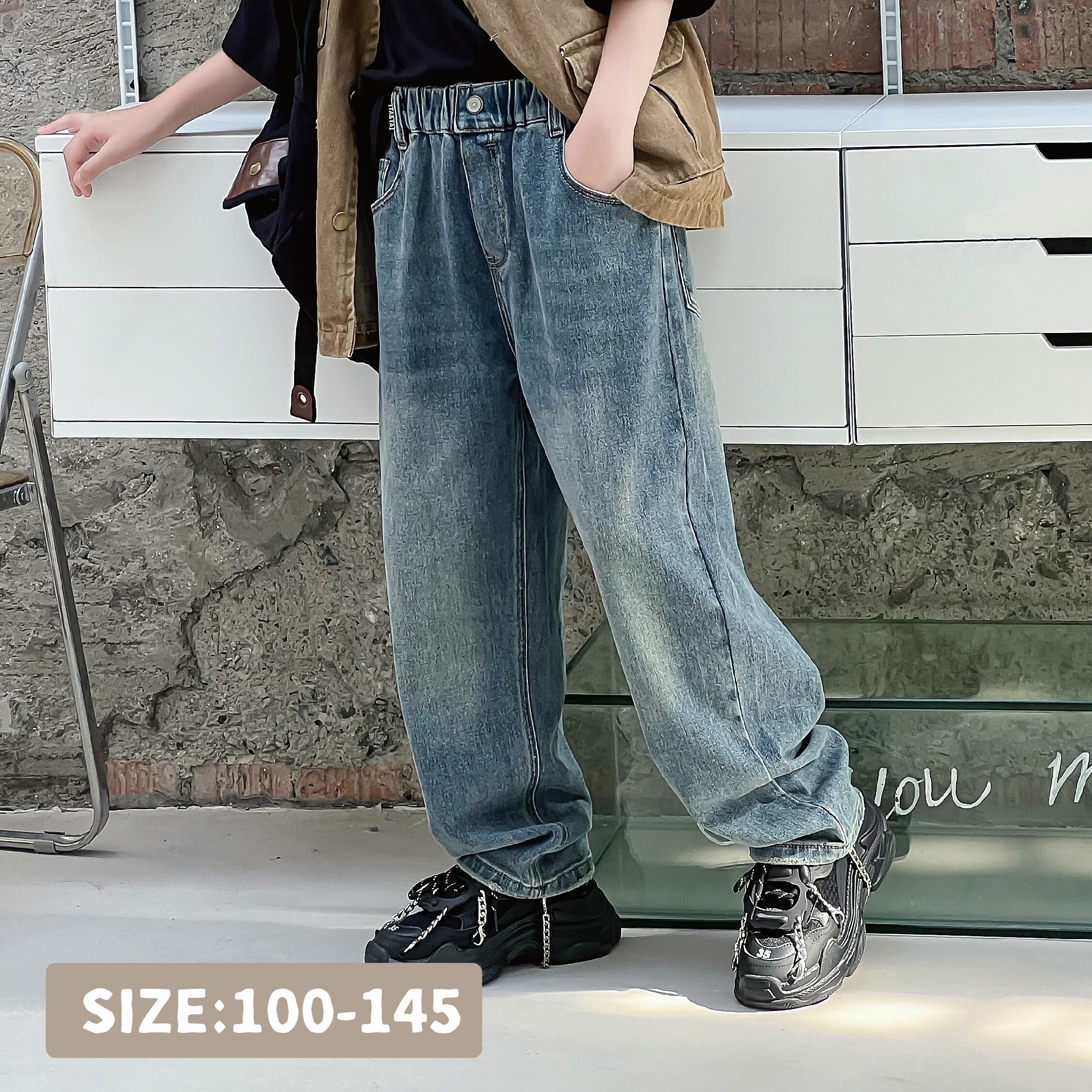 【H35169】潮流螢光布標設計牛仔褲