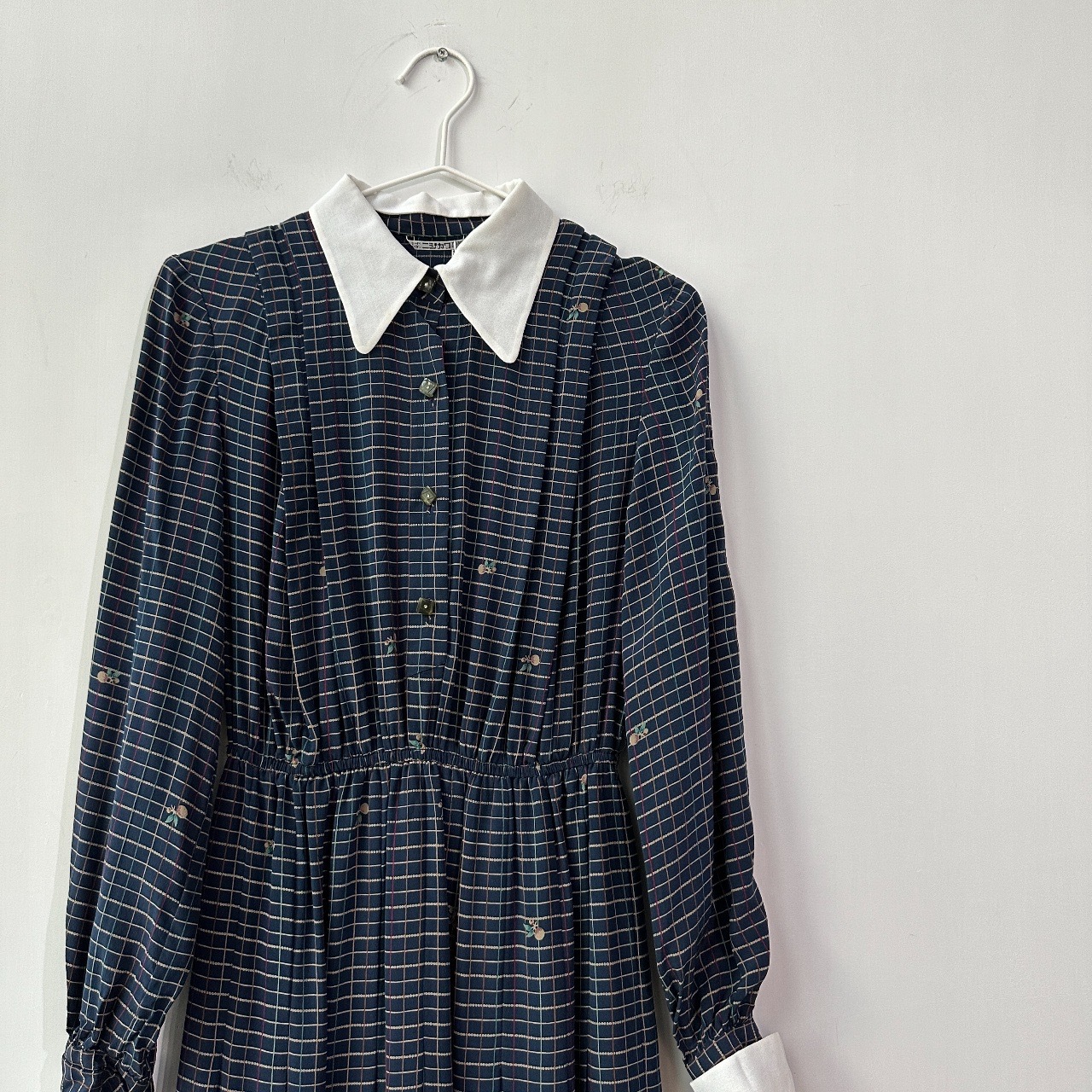 深藍色格紋果實圖案雪紡連身裙