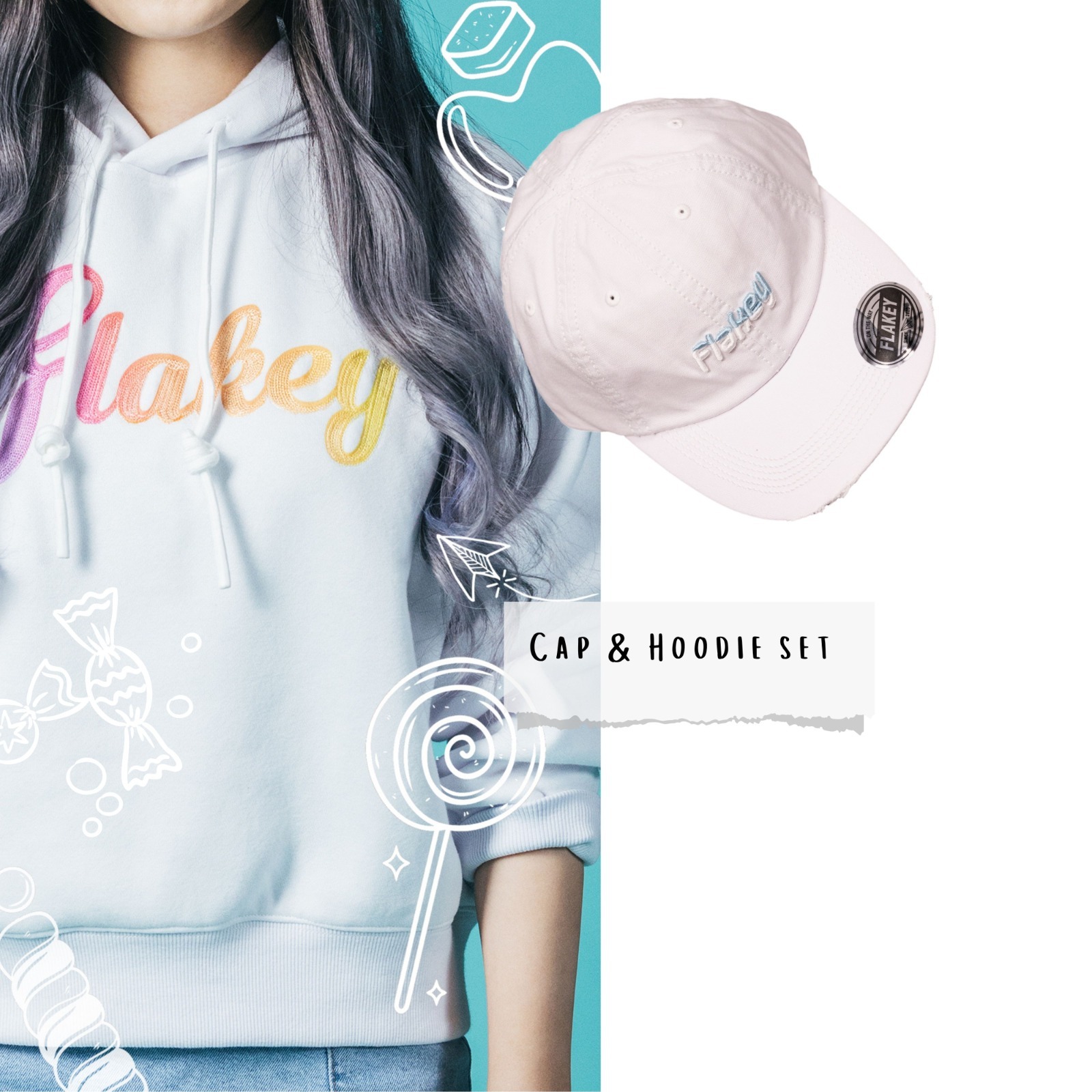 Candy Carnival 女裝連帽短版衞衣 (苿莉白) + Flakey Logo Cap (白)