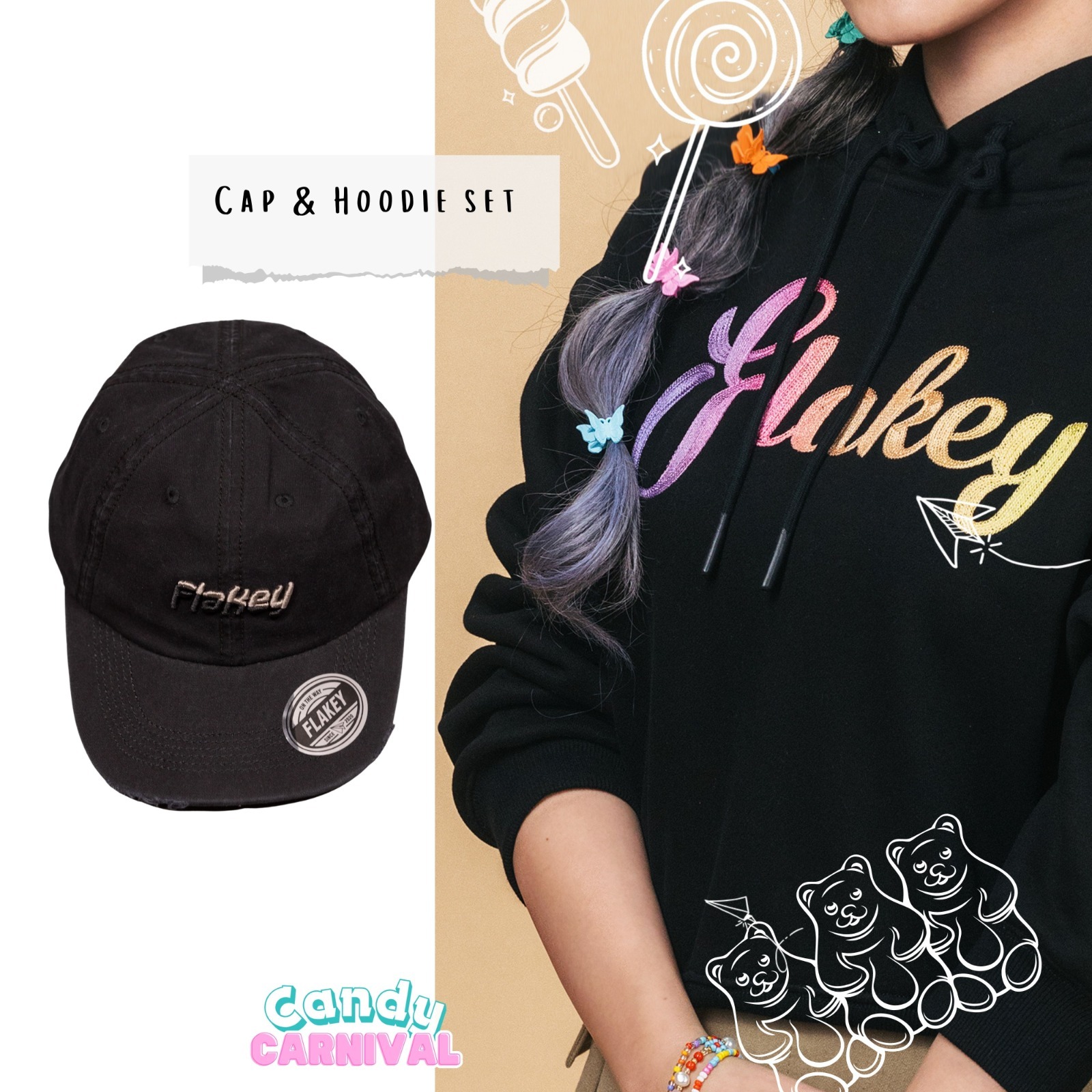 Candy Carnival 女裝連帽短版衞衣 (午夜黑) + Flakey Logo Cap (黑)